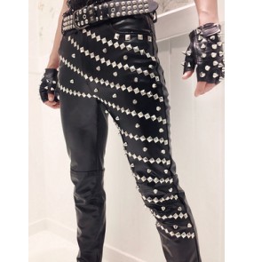 Black pu leather rivet fashion youth mans male men's stage performance motorcycle punk rock drummer singer hip hop jazz dance costumes pants outfits